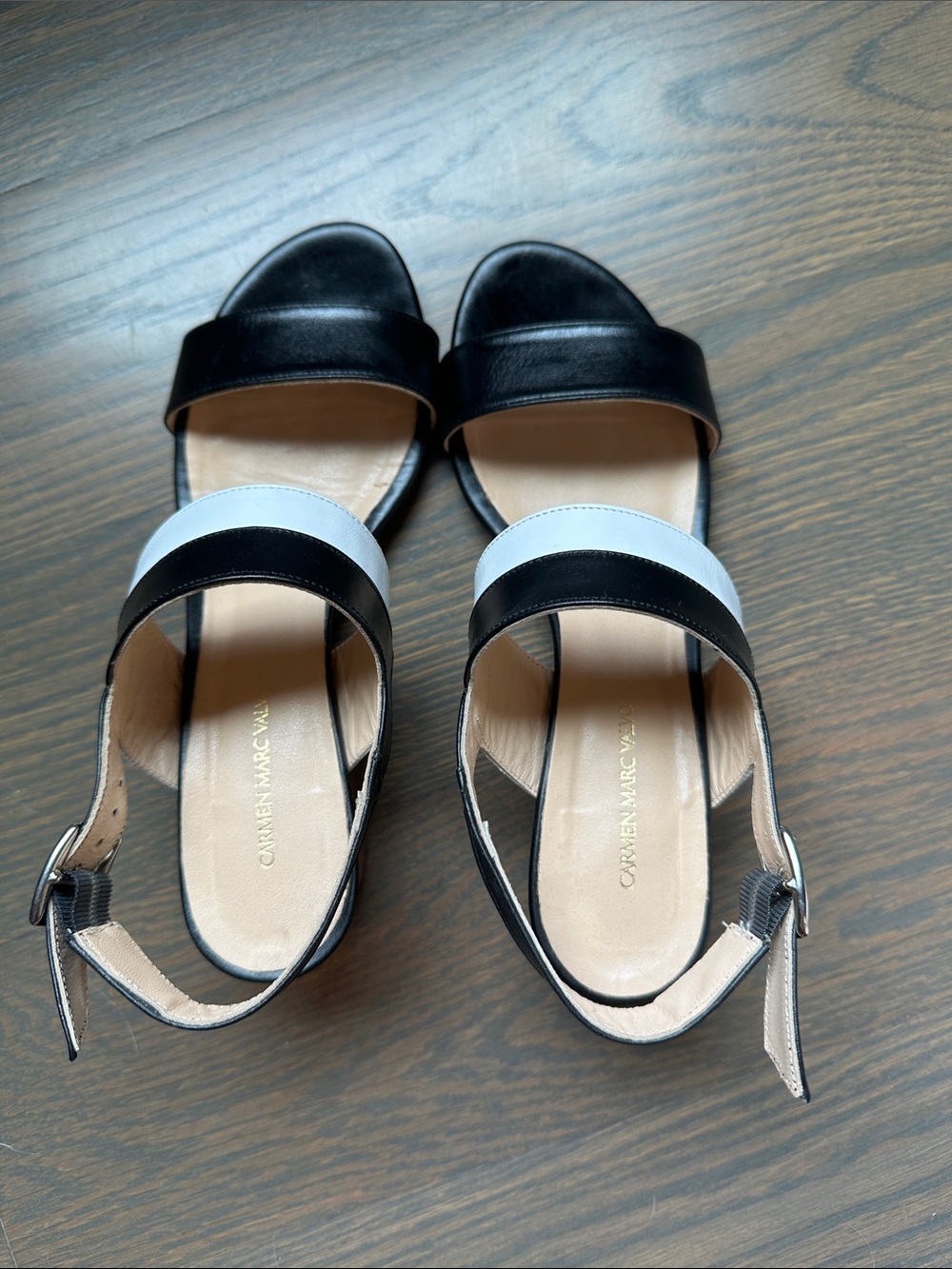 Carmen Marc Valvo Black and White Two-Band Women’s Sandals